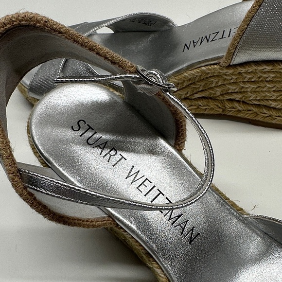 Stuart Weitzman Mirela II Espadrille Wedges Heeled Sandals Leather Silver 9.5 - Picture 4 of 10